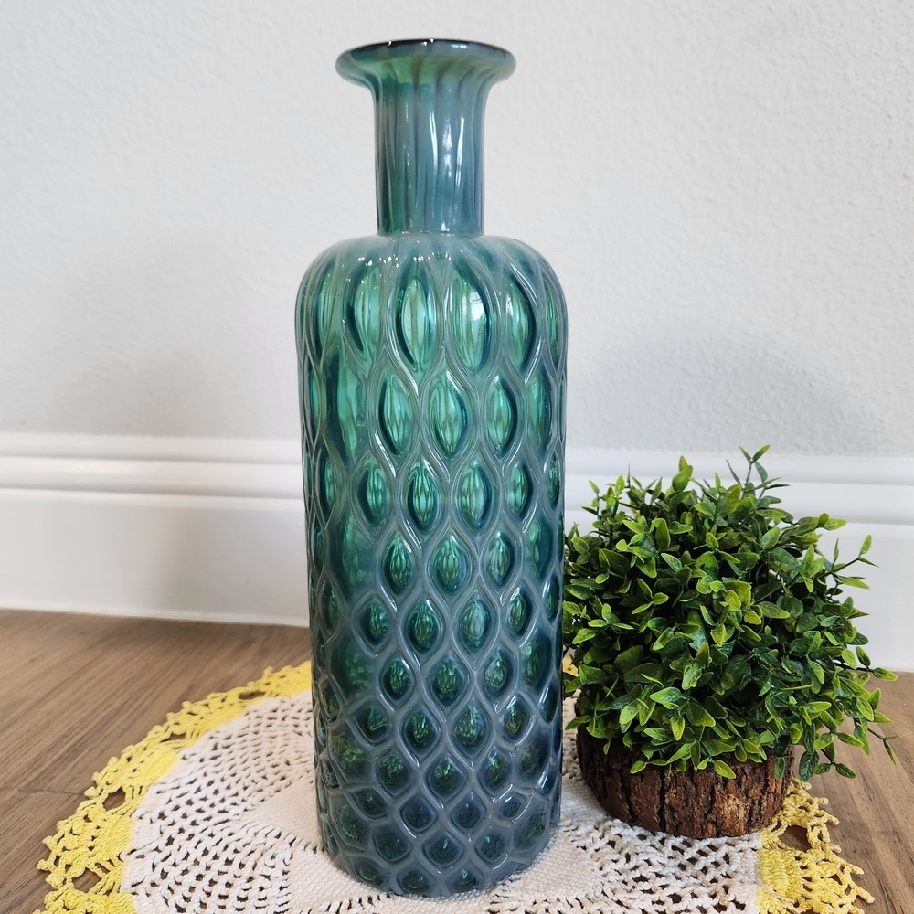Pier 1 Hand Blown Art Glass Teal Green Tall Basket Weave Honeycomb Bottle Vase